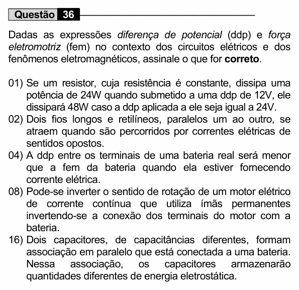 Enunciado da questão 36 de Física do UEM 2022 (Conhecimentos Específicos)