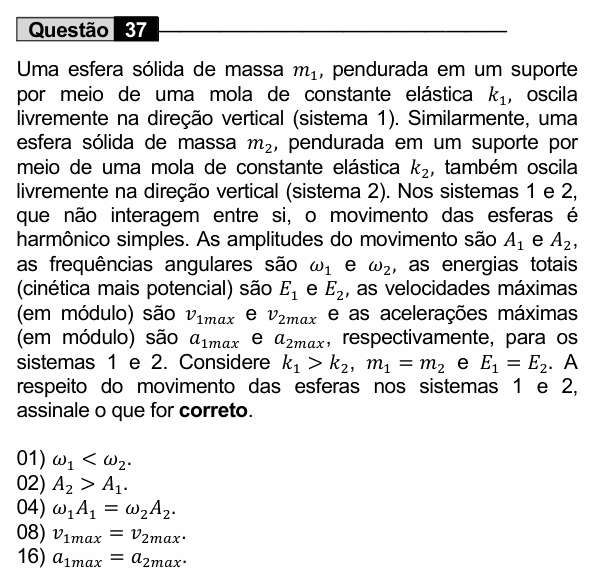 Enunciado da questão 37 de Física do UEM 2022 (Conhecimentos Específicos)
