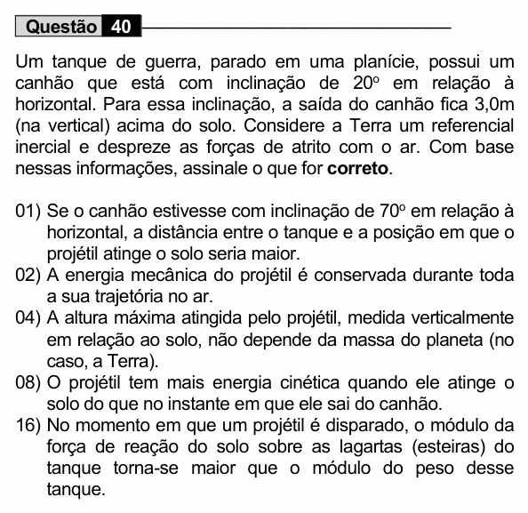 Enunciado da questão 40 de Física do UEM 2022 (Conhecimentos Específicos)