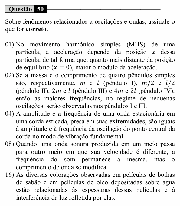 Enunciado da questão 50 de Física do UEM 2023 (Inverno)
