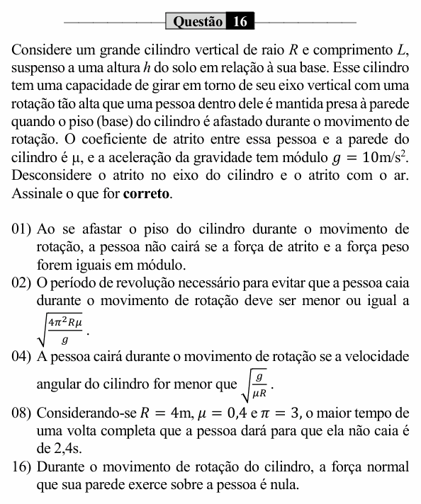 Enunciado da questão 16 de Física do UEM 2023 (PAS, etapa 1)