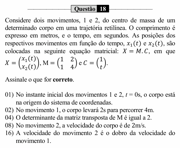 Enunciado da questão 18 de Física do UEM 2023 (PAS, etapa 1)