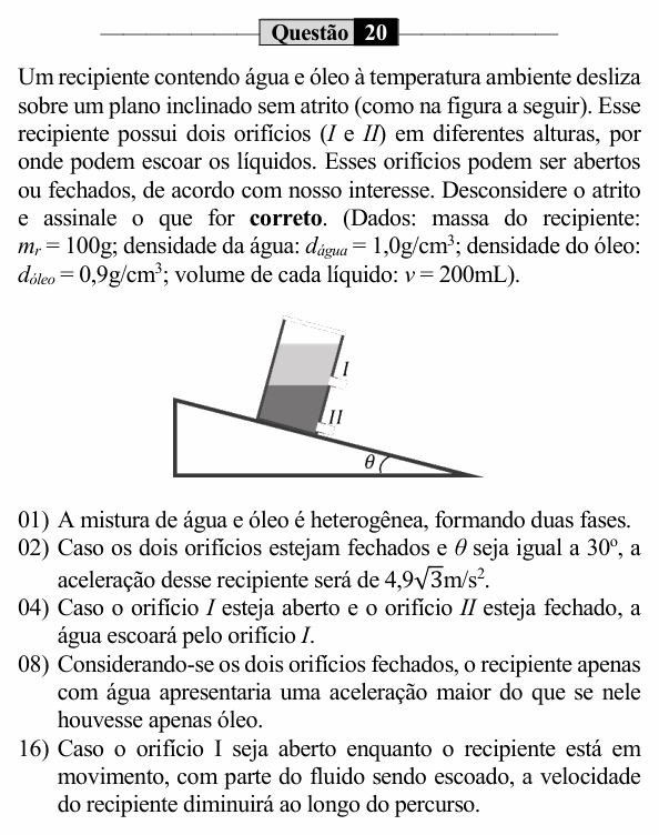 Enunciado da questão 20 de Física do UEM 2023 (PAS, etapa 1)