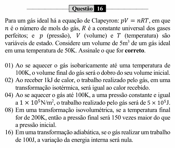 Enunciado da questão 16 de Física do UEM 2023 (PAS, etapa 2)