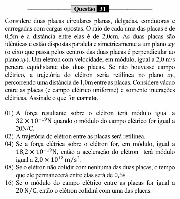 Enunciado da questão 31 de Física do UEM 2023 (PAS, etapa 3, Conhecimentos Específicos)