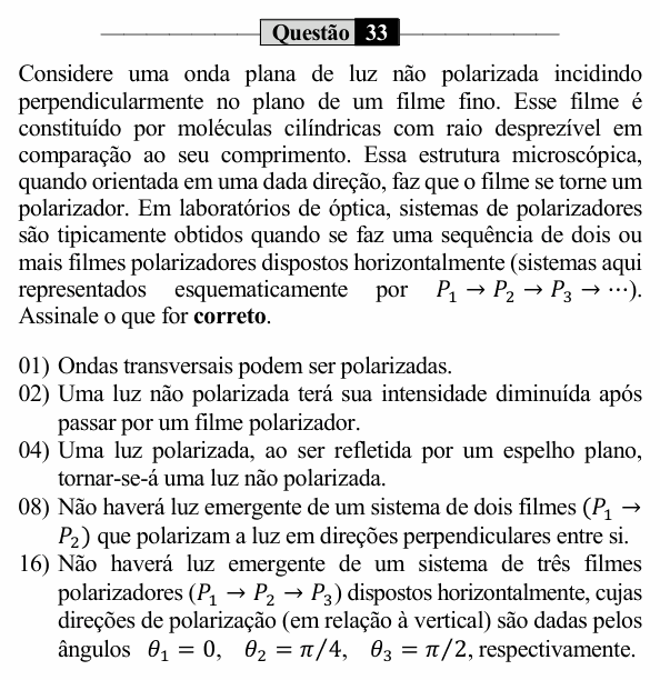 Enunciado da questão 33 de Física do UEM 2023 (PAS, etapa 3, Conhecimentos Específicos)