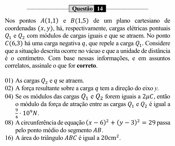 Enunciado da questão 14 de Física do UEM 2023 (PAS, etapa 3)