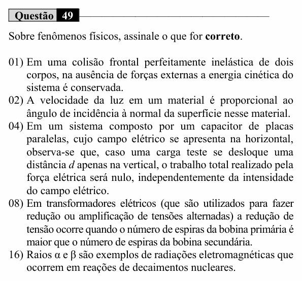 Enunciado da questão 49 de Física do UEM 2023 (Verão)