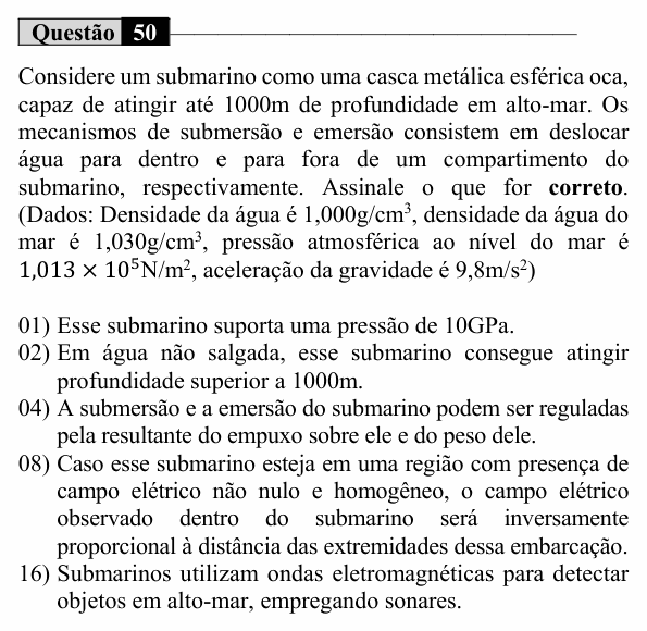 Enunciado da questão 50 de Física do UEM 2023 (Verão)