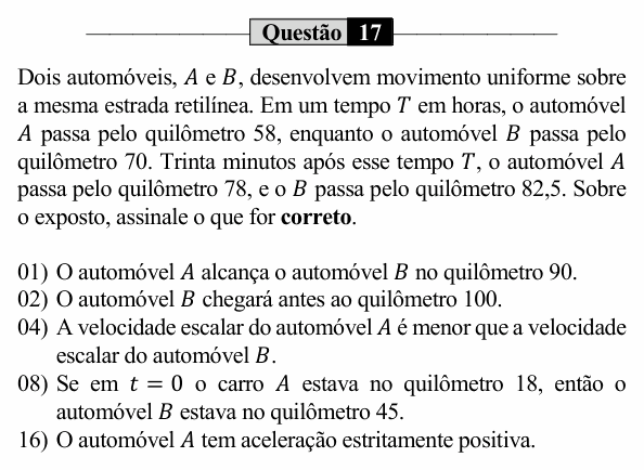 Enunciado da questão 17 de Física do UEM 2024 (PAS, etapa 1)