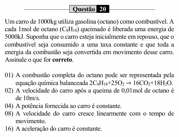 Enunciado da questão 20 de Física do UEM 2024 (PAS, etapa 1)