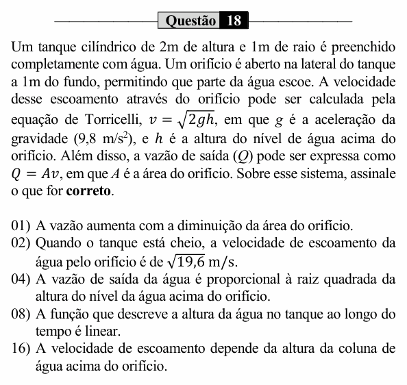 Enunciado da questão 18 de Física do UEM 2024 (PAS, etapa 2)