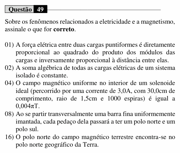 Enunciado da questão 49 de Física do UEM 2024 (Verão)
