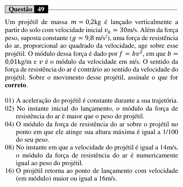 Enunciado da questão 49 de Física do UEM 2025 (Verão)