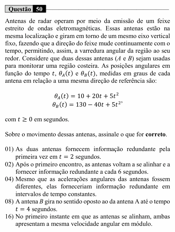 Enunciado da questão 50 de Física do UEM 2026 (Inverno)