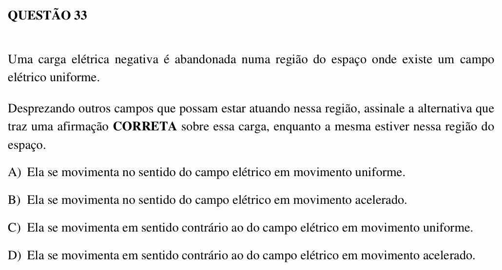 Enunciado da questão 33 de Física do UEMG 2007