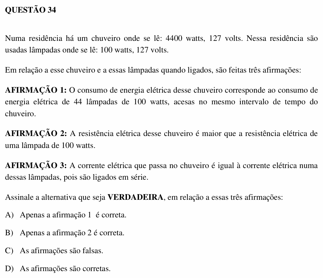 Enunciado da questão 34 de Física do UEMG 2007