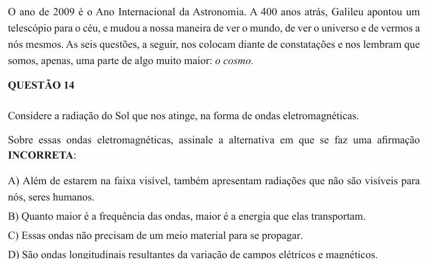 Enunciado da questão 14 de Física do UEMG 2010