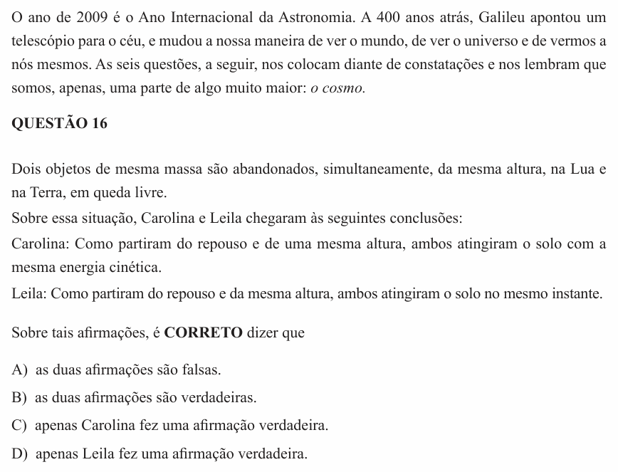 Enunciado da questão 16 de Física do UEMG 2010