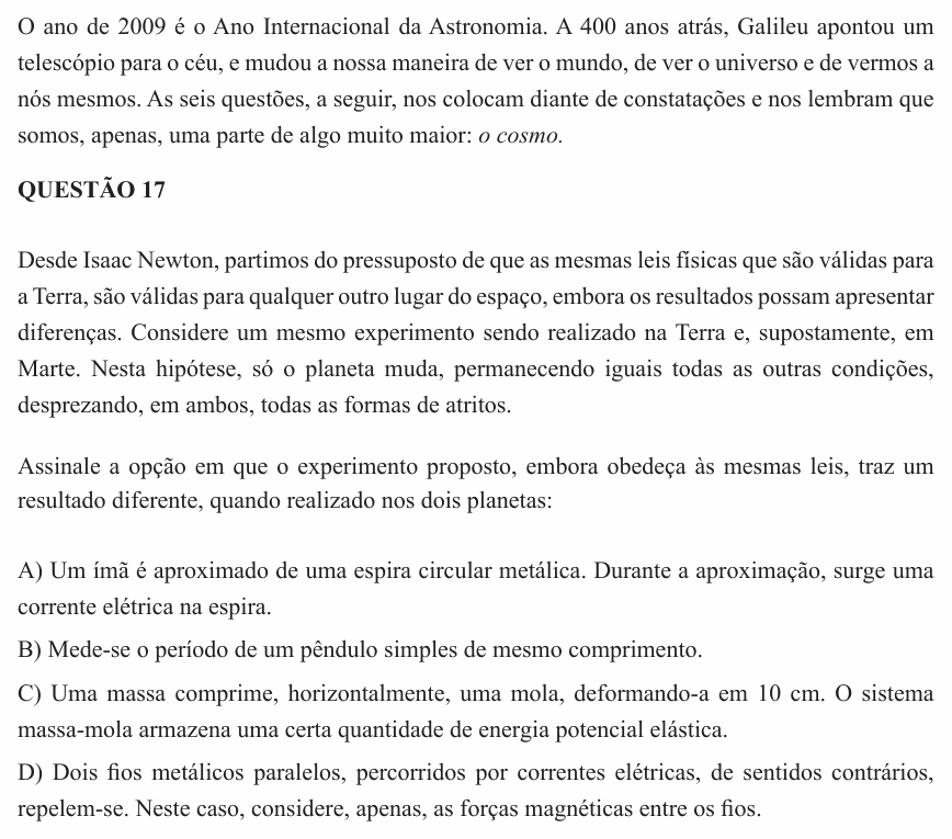 Enunciado da questão 17 de Física do UEMG 2010