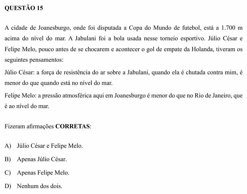 Enunciado da questão 15 de Física do UEMG 2010 (2º semestre)