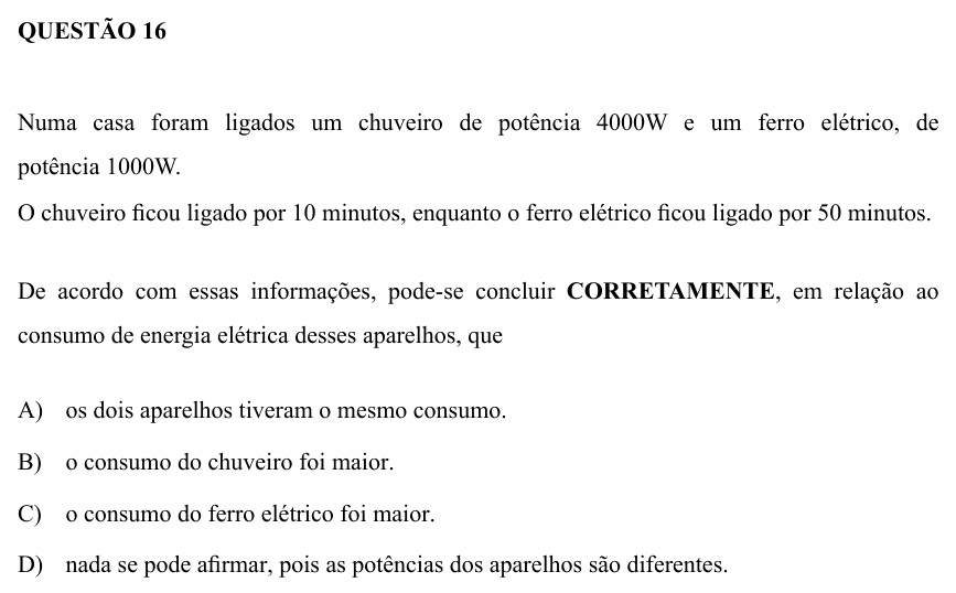 Enunciado da questão 16 de Física do UEMG 2010 (2º semestre)