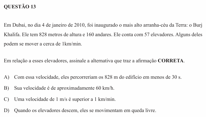 Enunciado da questão 13 de Física do UEMG 2011
