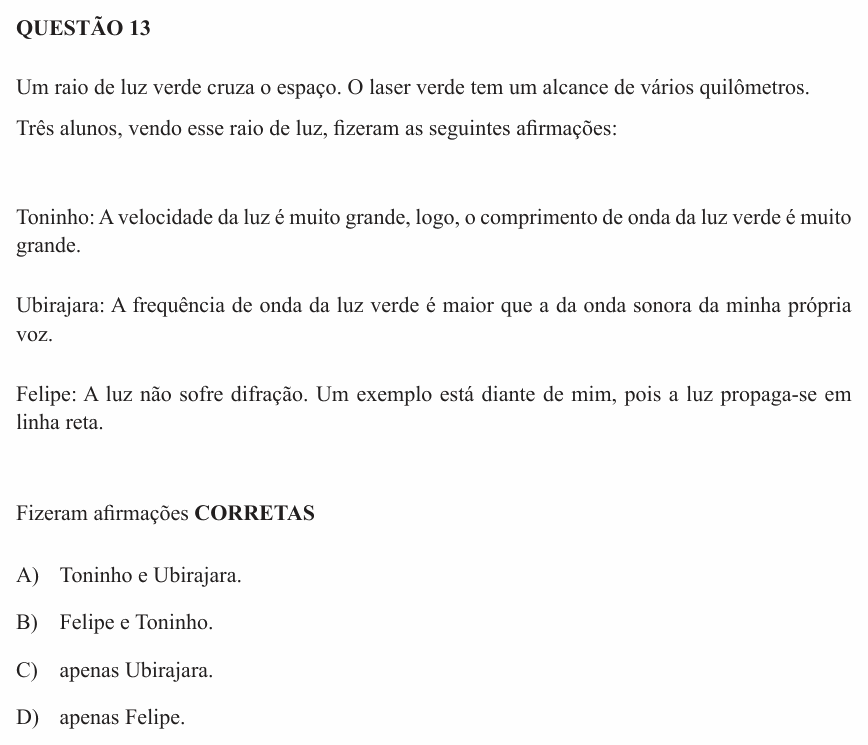 Enunciado da questão 13 de Física do UEMG 2012