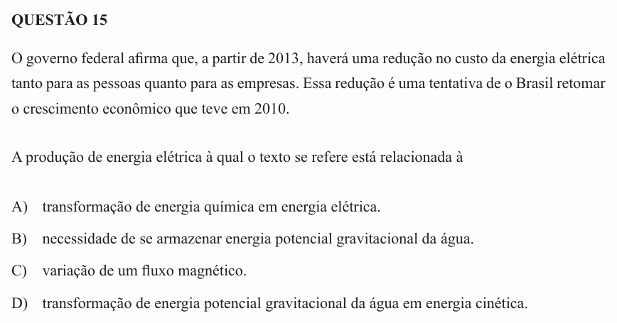 Enunciado da questão 15 de Física do UEMG 2013