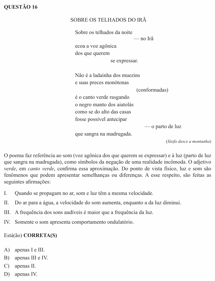 Enunciado da questão 16 de Física do UEMG 2014