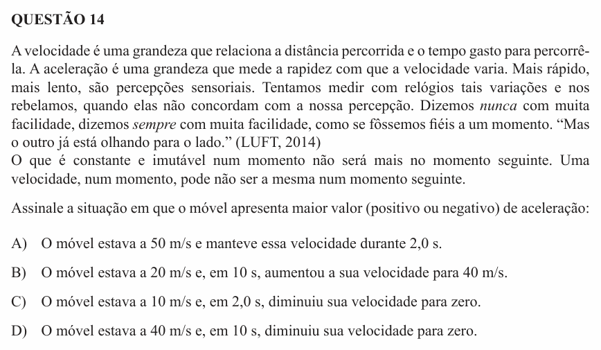 Enunciado da questão 14 de Física do UEMG 2015