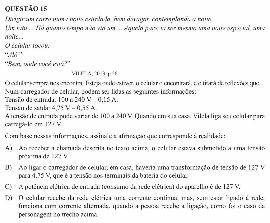 Enunciado da questão 15 de Física do UEMG 2015