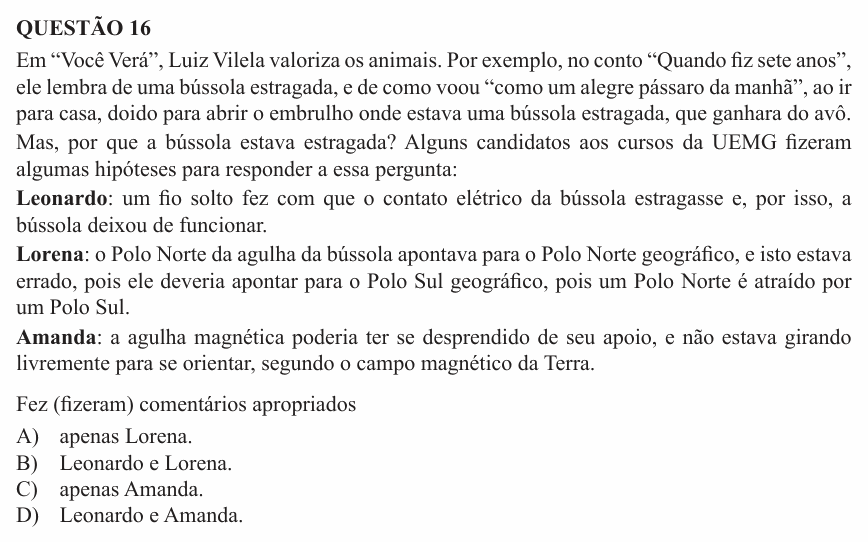Enunciado da questão 16 de Física do UEMG 2015