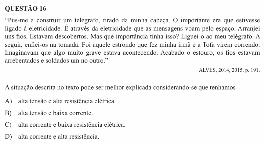Enunciado da questão 16 de Física do UEMG 2015 (2º semestre)