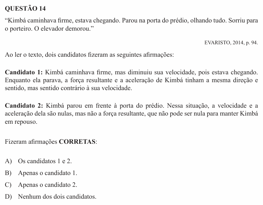 Enunciado da questão 14 de Física do UEMG 2016
