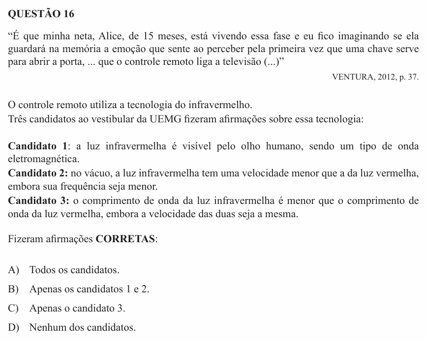 Enunciado da questão 16 de Física do UEMG 2016