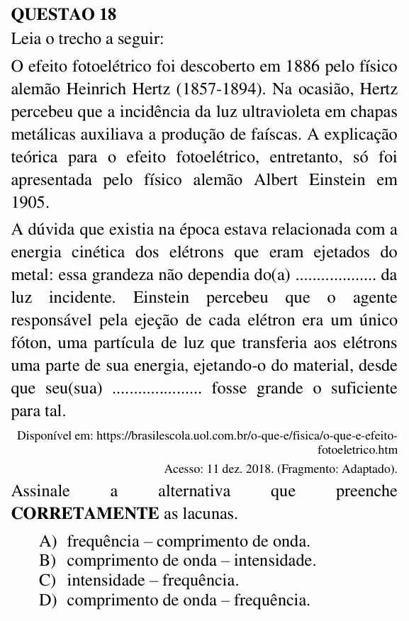 Enunciado da questão 18 de Física do UEMG 2019