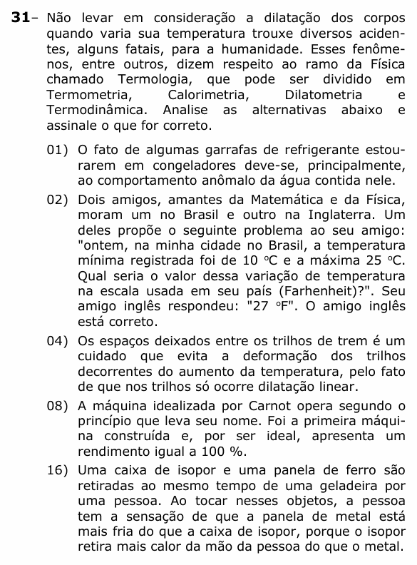 Enunciado da questão 31 de Física do UEPG 2021 (Vocacionada)
