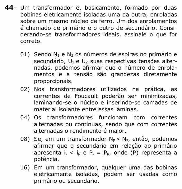 Enunciado da questão 44 de Física do UEPG 2021 (Vocacionada)