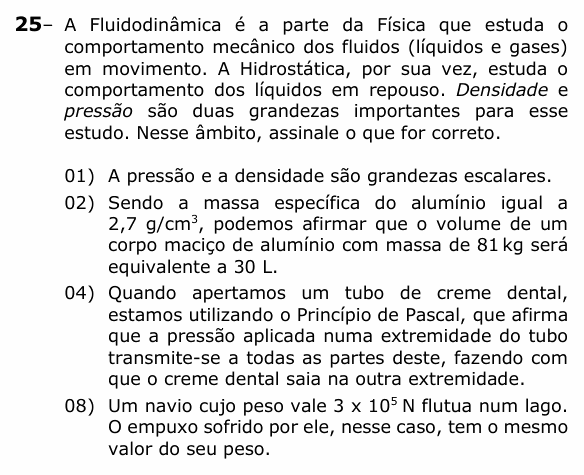 Enunciado da questão 25 de Física do UEPG 2022
