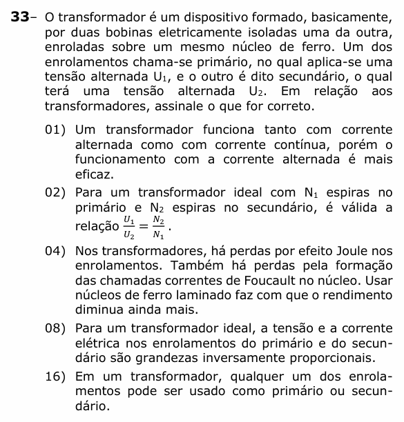 Enunciado da questão 33 de Física do UEPG 2022 (Vocacionada)