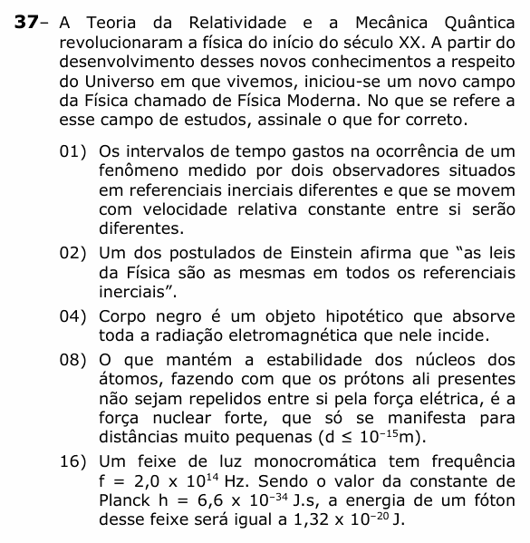 Enunciado da questão 37 de Física do UEPG 2022 (Vocacionada)