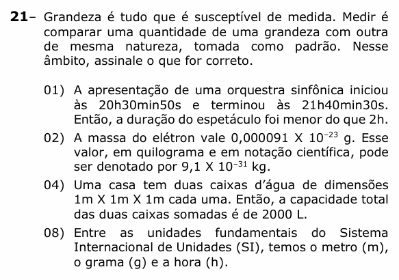 Enunciado da questão 21 de Física do UEPG 2023