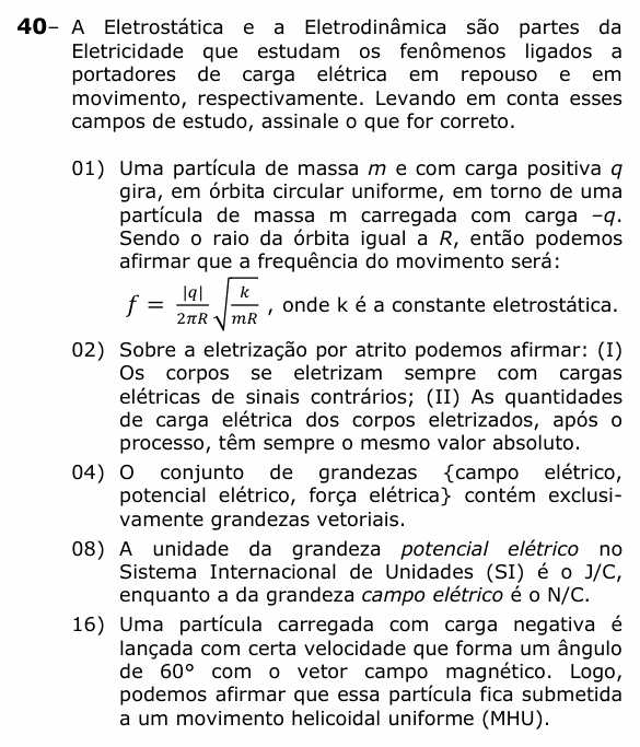 Enunciado da questão 40 de Física do UEPG 2023 (Vocacionada)
