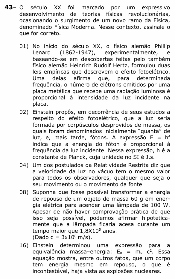 Enunciado da questão 43 de Física do UEPG 2023 (Vocacionada)