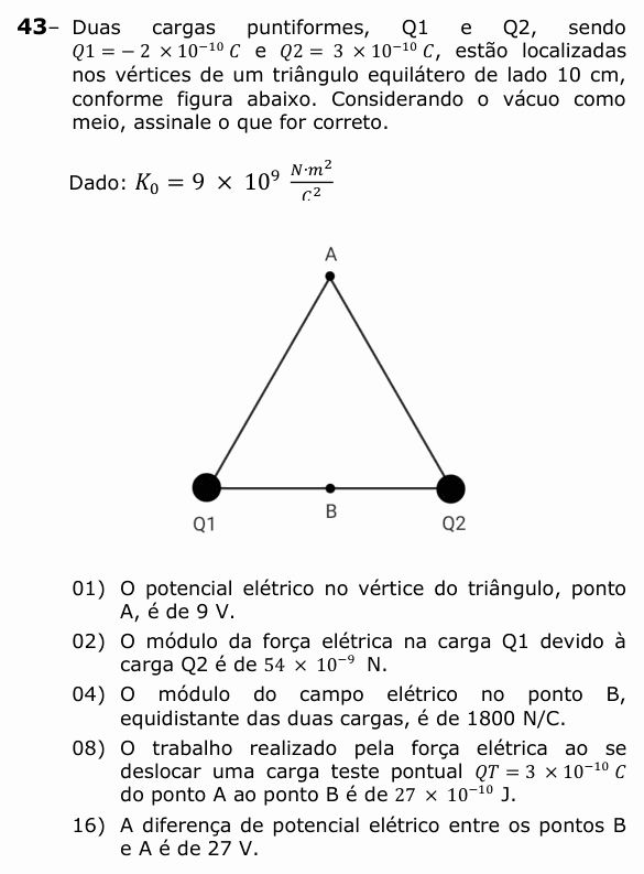 Enunciado da questão 43 de Física do UEPG 2024 (Vocacionada)