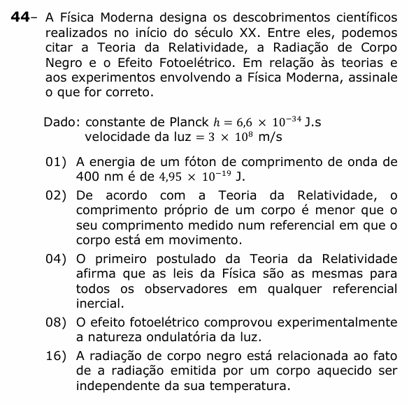 Enunciado da questão 44 de Física do UEPG 2024 (Vocacionada)