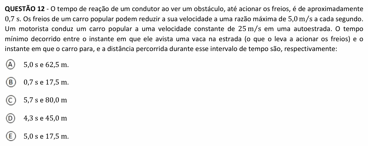 Enunciado da questão 12 de Física do UFJF 2022 (PISM, Módulo I)