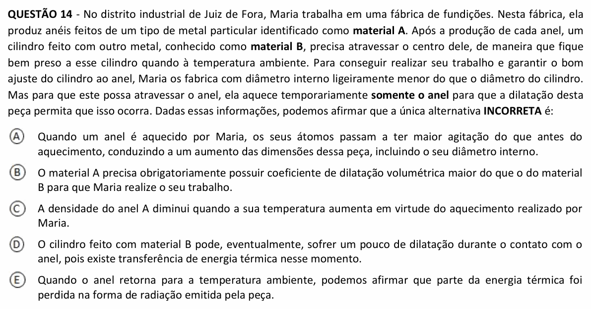 Enunciado da questão 14 de Física do UFJF 2022 (PISM, Módulo II)