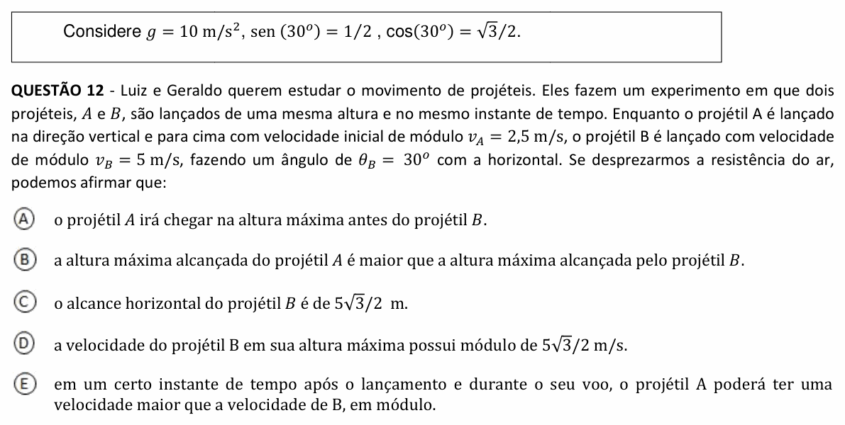 Enunciado da questão 12 de Física do UFJF 2023 (PISM, Módulo I)